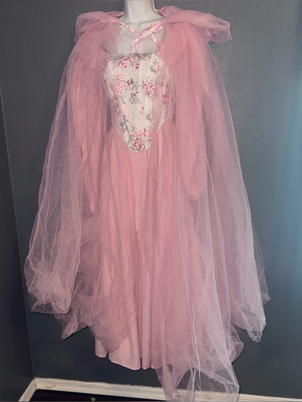 Full Renaissance Womens Outfit Pink Tulle Cape Corset and Maxi Fairy Dress Small